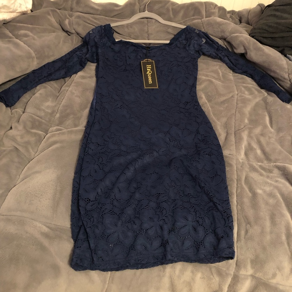 NWT DARK NAVY BLUE LACE OFF THE SHOULDERS DRESS
